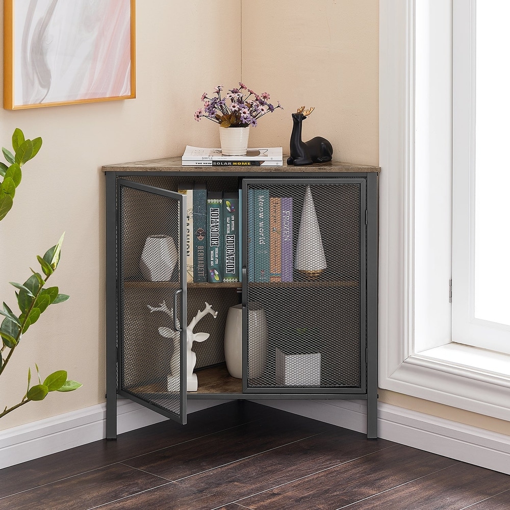 VECELO Modern Triangle Corner End Table with Storage Cabinets