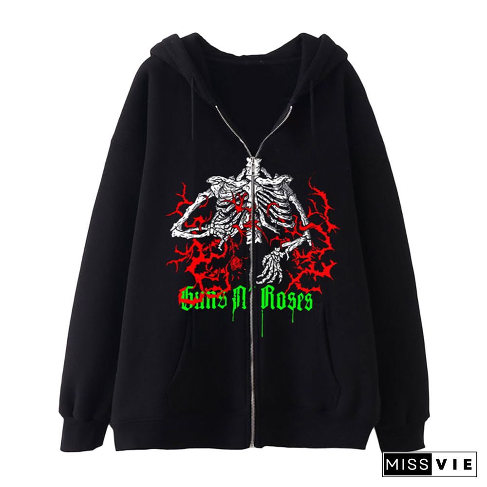 Punk Jacket Women Men Gothic Aesthetic Skull Bone Print Long Sleeve Tops Y2k Casual Zip Up Hooded Sweatshirt Coat