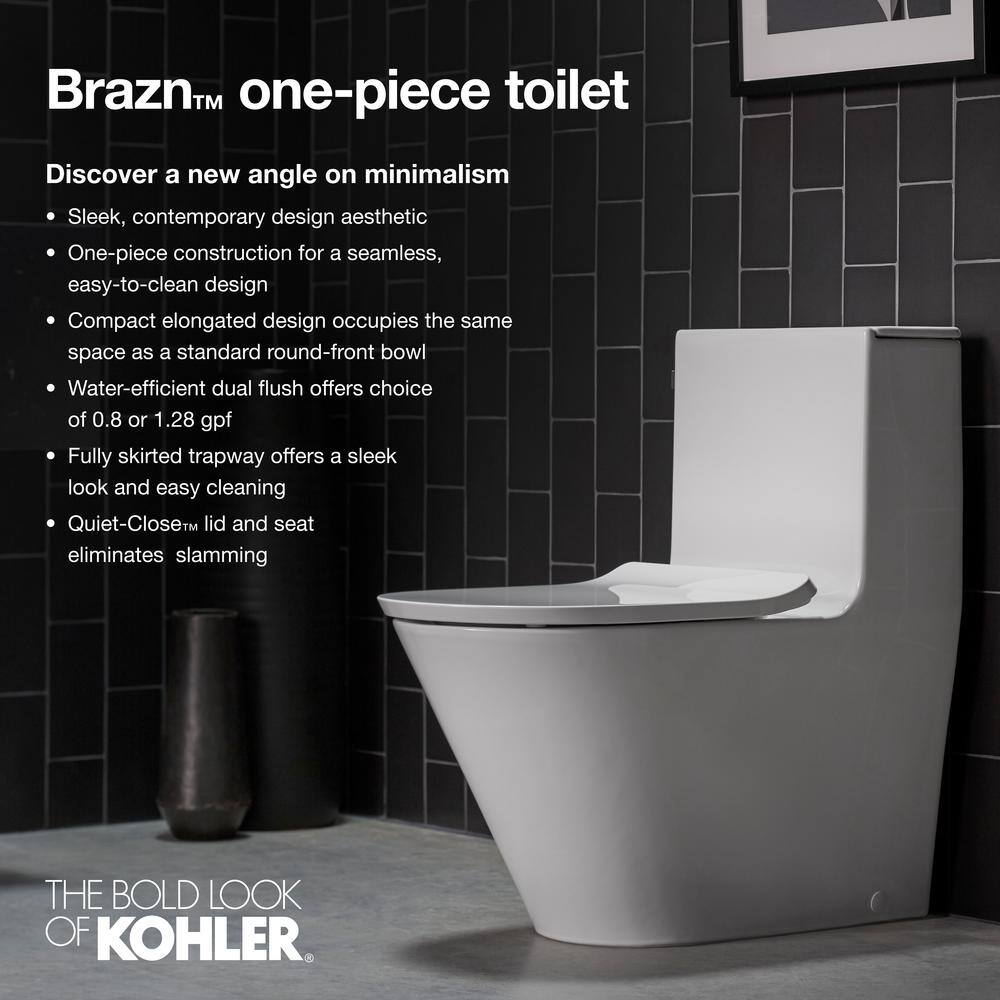 KOHLER Brazn 1-Piece 0.8 GPF Dual Flush Compact Elongated Toilet in White with Skirted Trapway Seat Included K-22378-0