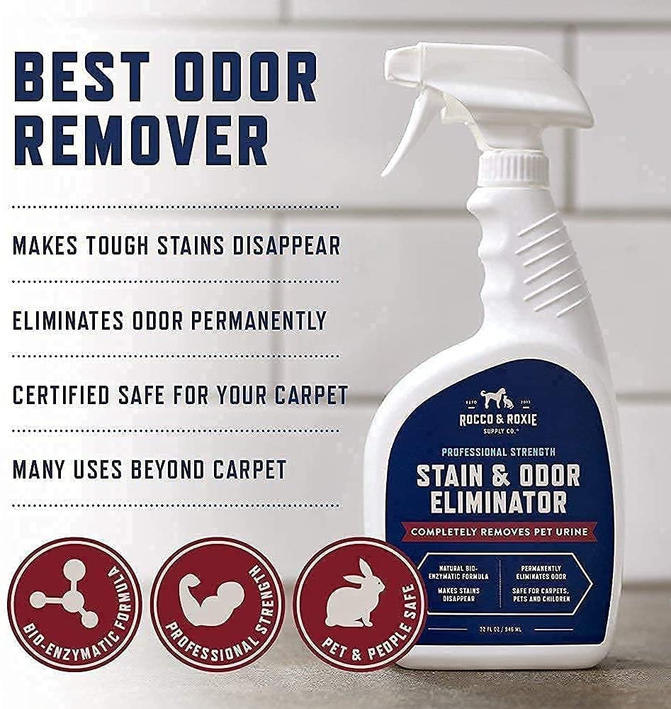 Rocco and Roxie Supply Co. Stain and Odor Eliminator for Strong Odor - Enzyme-Powered Pet Odor Eliminator for Home - Carpet Stain Remover for Cats and Dog Pee - Enzymatic Cat Urine Destroyer - Carpet Cleaner Spray