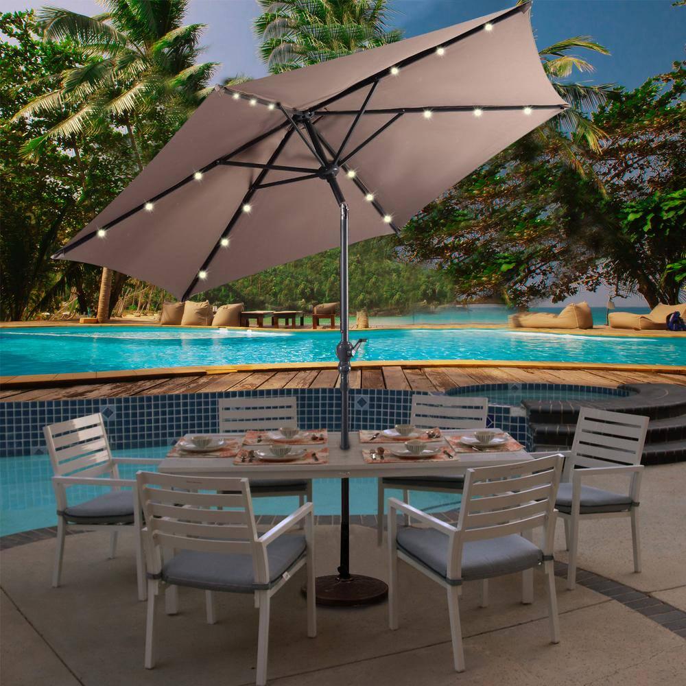 WELLFOR 9 ft Steel Market Solar Tilt Patio Umbrella with Crank and LED Lights in Tan