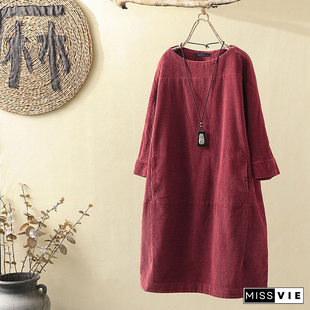 Womens Oversize Corduroy Crew Neck Long Sleeve Pure Color Casual Loose Pockets Long Shirt Dress Midi Dress Tunic Tops Plus Size