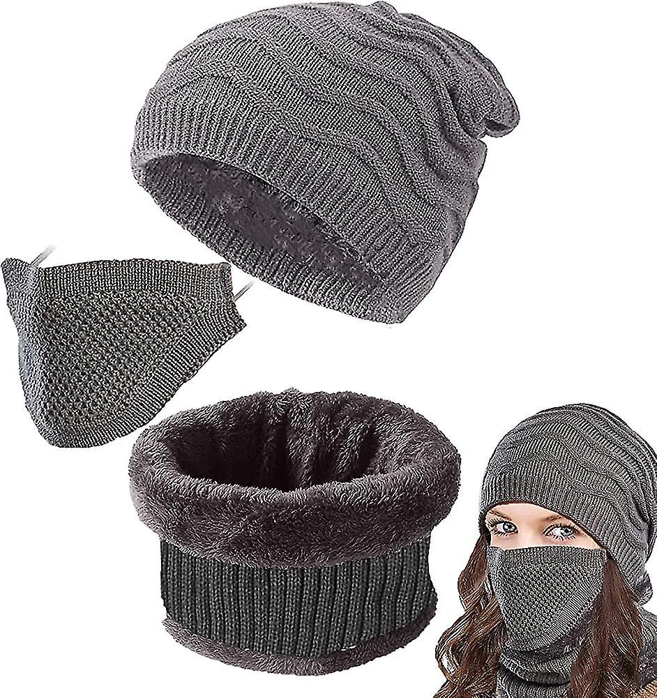 Winter Knitted Beanie Hat And Circle Scarf Set With Face Mask Touchscreen Gloves