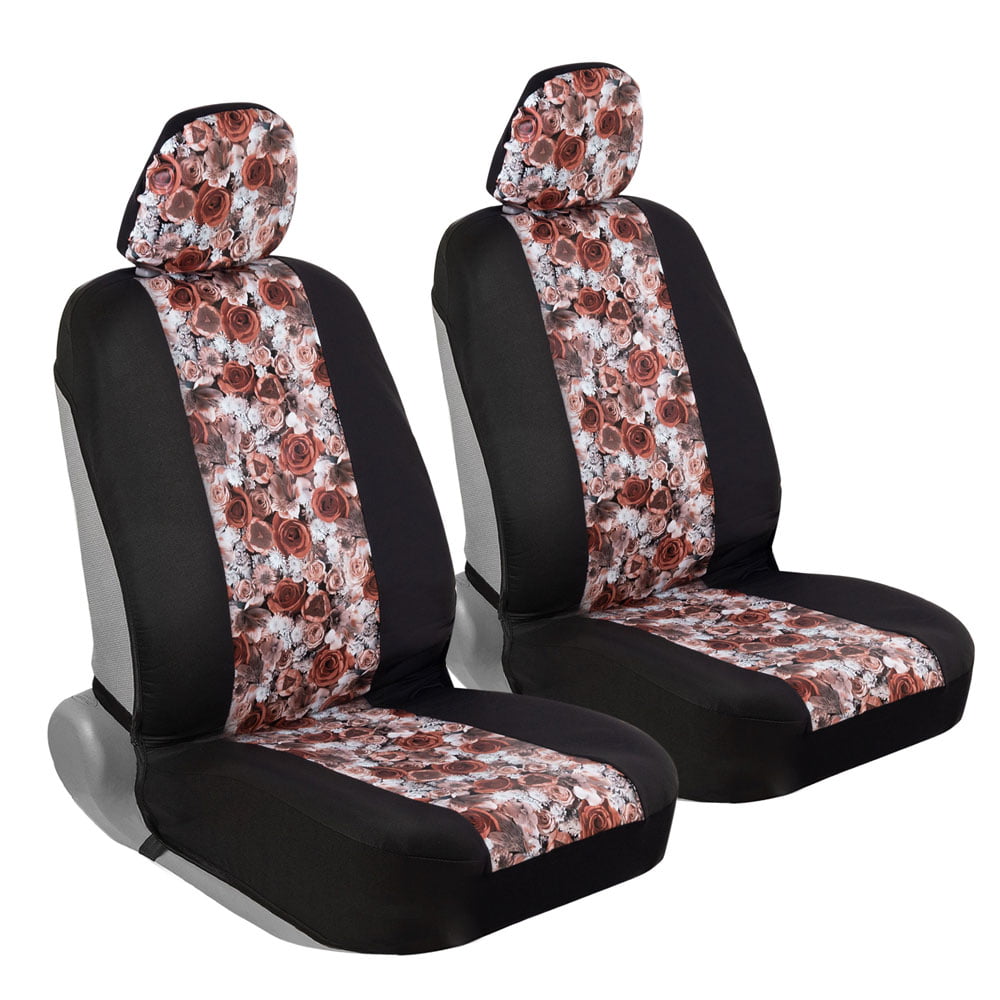 BDK Rose Flower Seat Covers for Car SUV Truck - Sideless Seat Style Compatible with Armrest and Airbag - Universal Fit 2 Sets