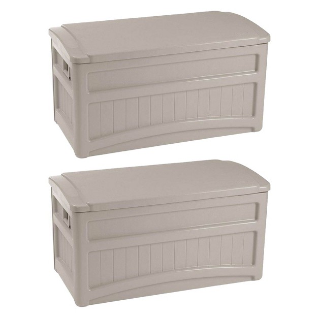 Suncast 73 Gallon Outdoor Patio Deck Storage Organization Box Taupe 2 Pack