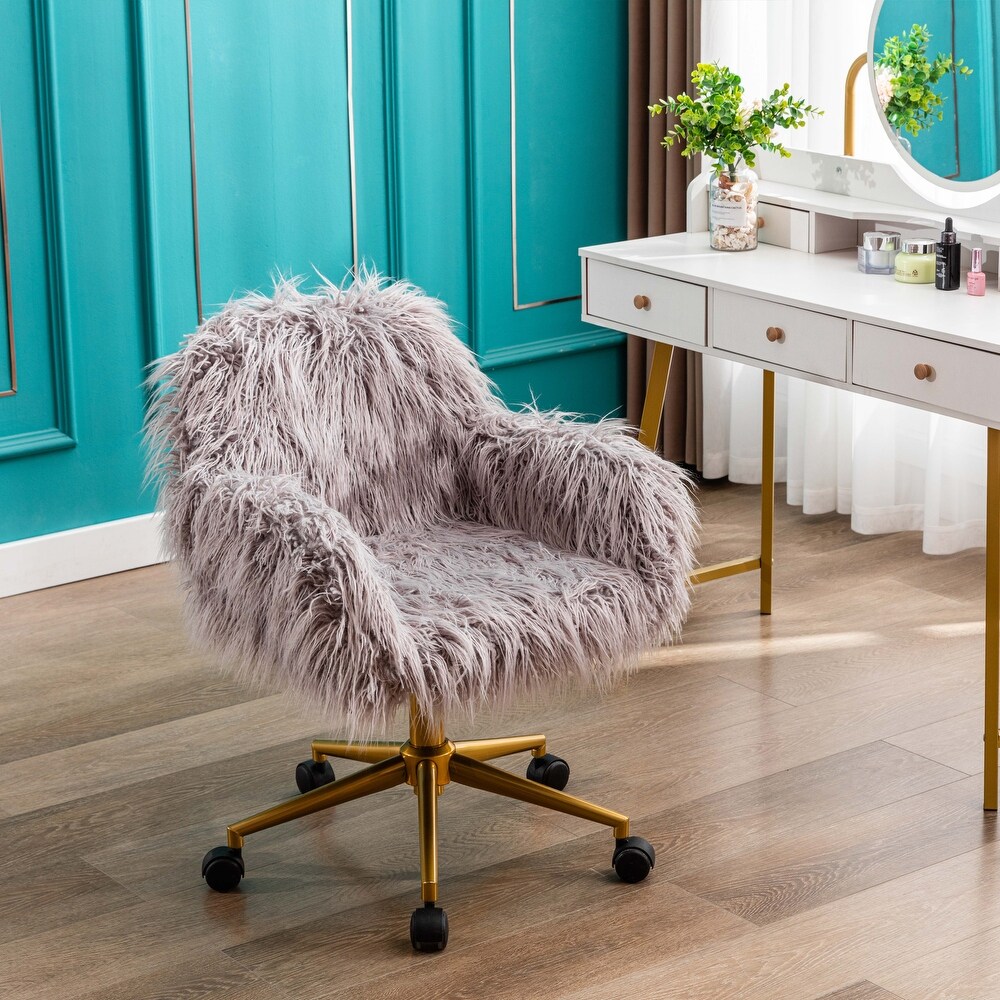 Faux Fur Home Office Chair  Modern Fluffy Armless Computer Chair with Wheels Height Adjustable Swivel Vanity Chair  for Women