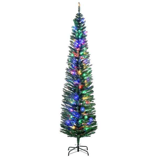 HOMCOM 7ft Tall Pencil Prelit Artificial Christmas Tree Holiday Décor with 499 Branches，180 Colorful LED Lights，Steel Base