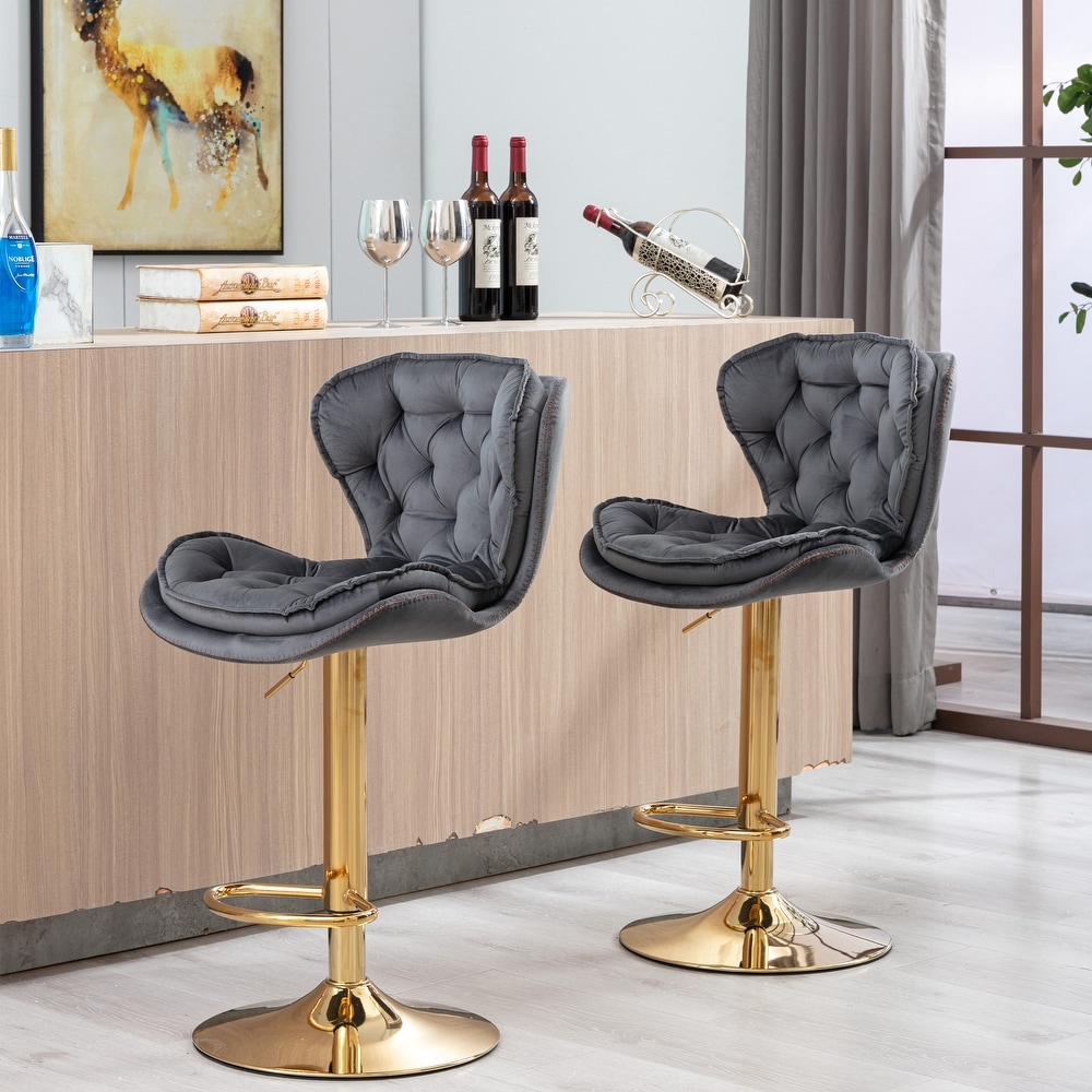 Set of 2 Bar Stools with Chrome Footrest and Base Swivel Height Adjustable