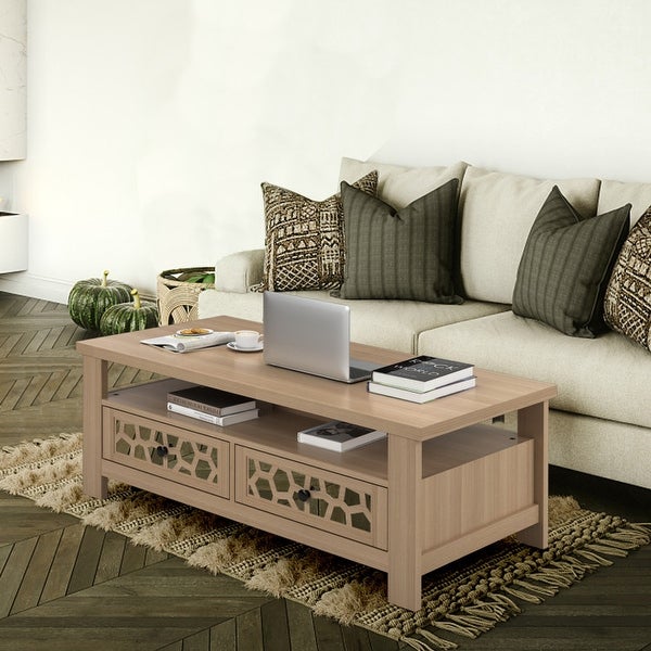 3-tier Coffee Table with 2 Drawers and 5 Support Legs-Brown - 46