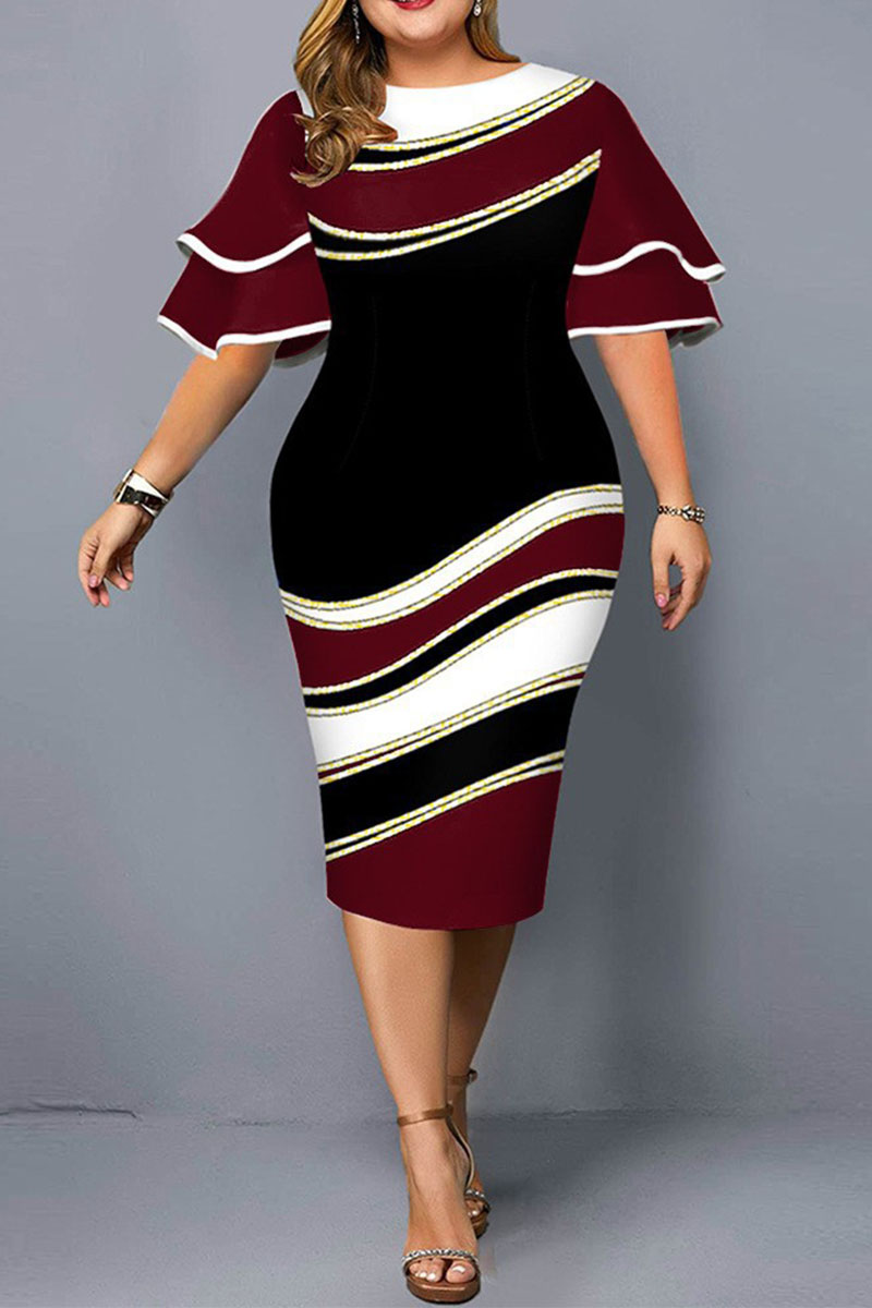 Plus Size Ruffle Sleeve Print Bodycon Midi Dress