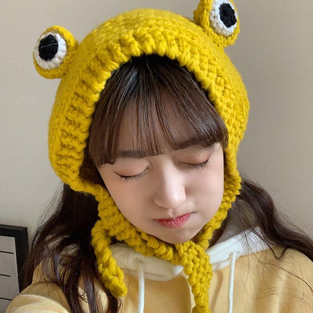 Frog Hat Crochet Knitted Hat Outdoors Autumn Big Eye Frog Knitted Winter Cute Ear Protective Beanie Hats Knitted Caps(yellow) Yellow -