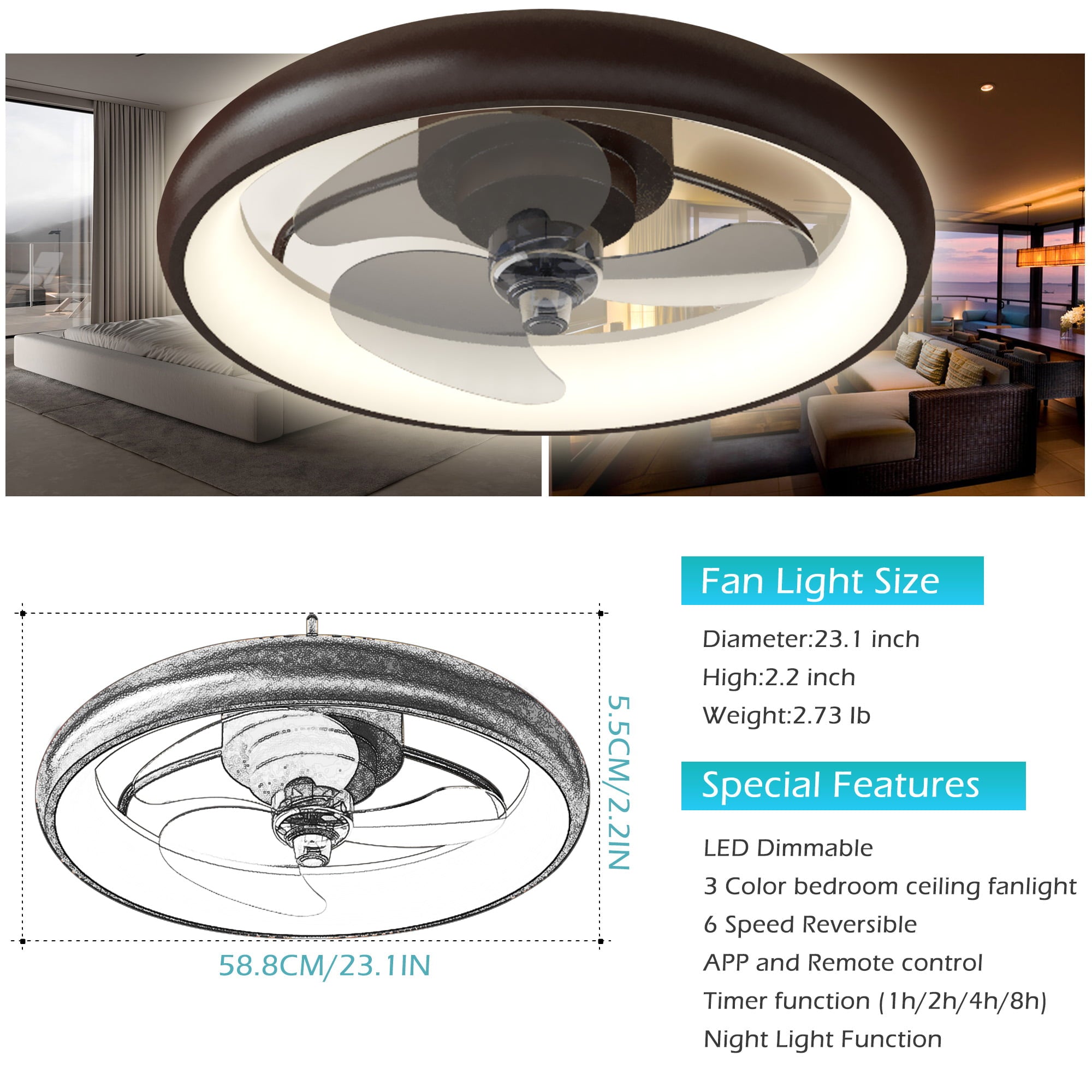 LEEAGLEGRY Low Profile Ceiling Fan with Light and Remote Control, Flush Mount  Ceiling Fan Dimmable Led Memory Light Timing Reversible Motor