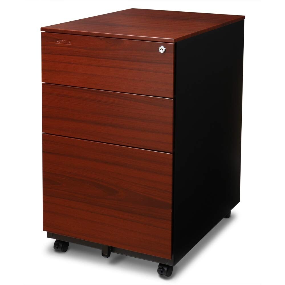 Mobile File Cabinet 3 Drawer Metal with Lock Key Sliding Drawer  Metallic Charcoal/Red Teak