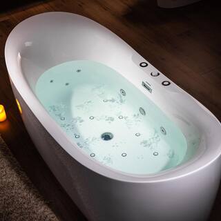 WOODBRIDGE 71 in. Acrylic Flatbottom Freestanding Whirlpool and Air with Inline Heater BathtubDrain and Overflow Included in White HBT6076