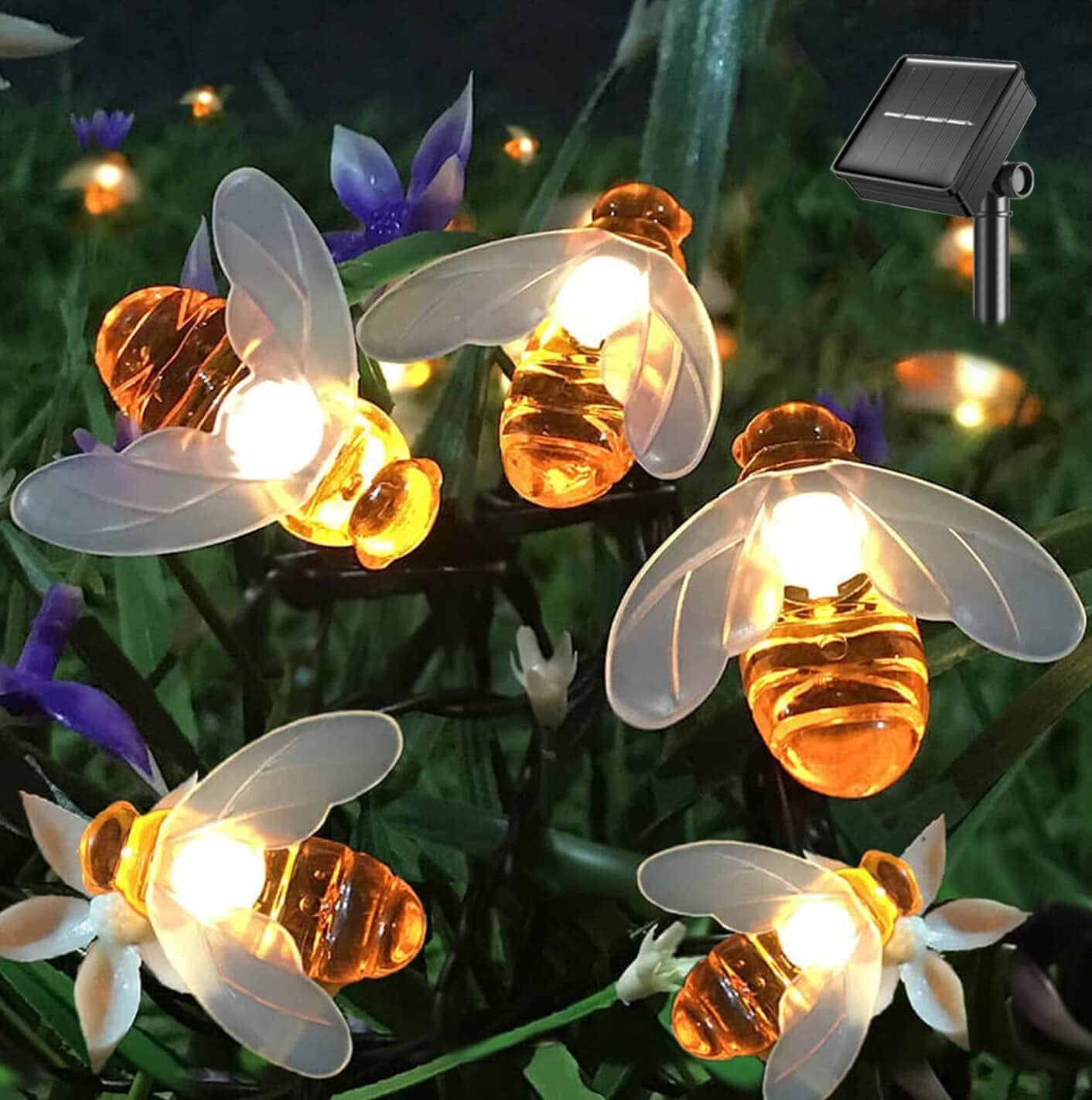 InnOrca Solar String Lights Bees 21Ft 30LED Outdoor Waterproof Simulation Honey Bees Fairy Lights with 8 Modes for Garden Tree Decor, Warm White