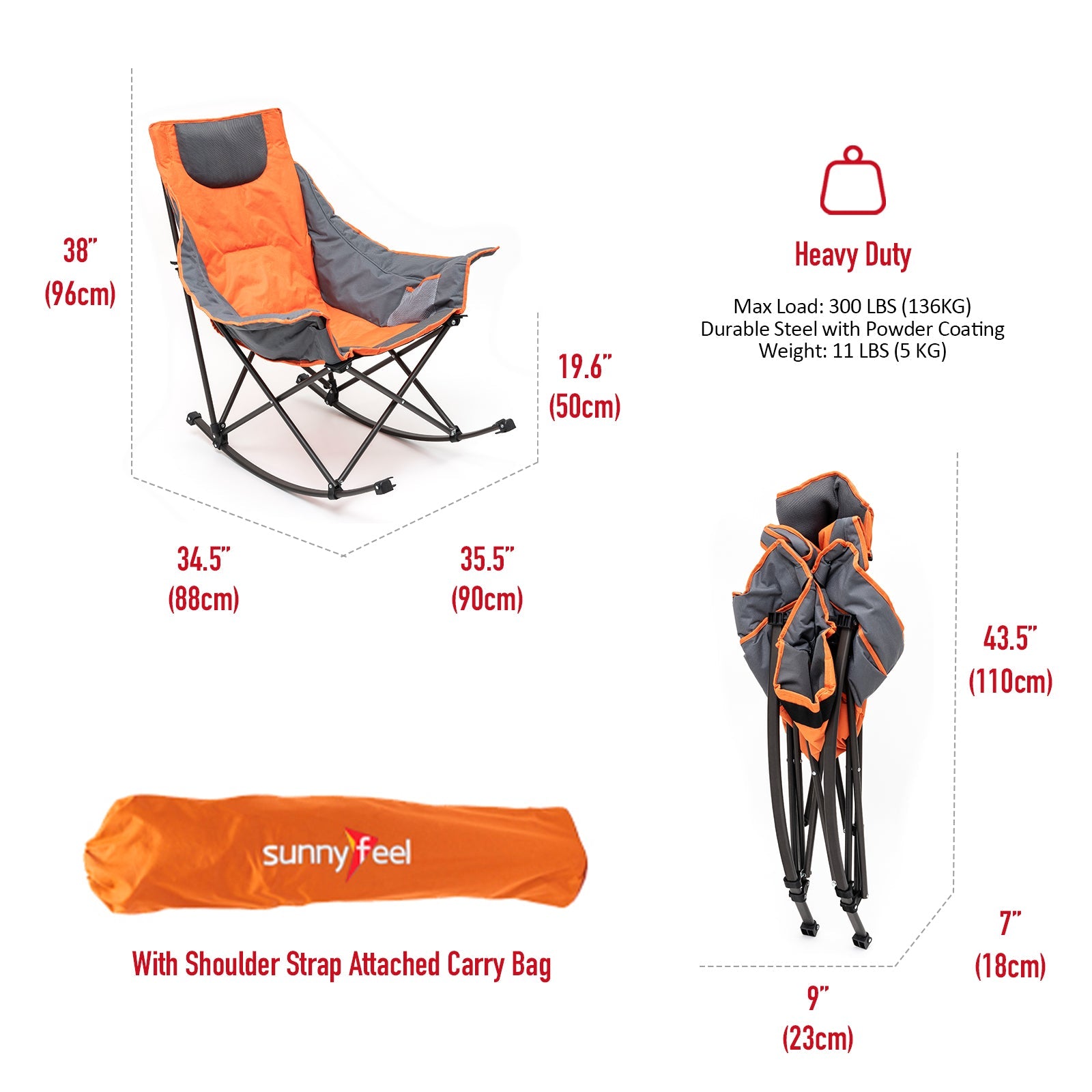 Sunnyfeel Camping Rocking Chair for Adults, Luxury Padded Recliner, Oversized Folding Rocker Lawn Chair (Orange)