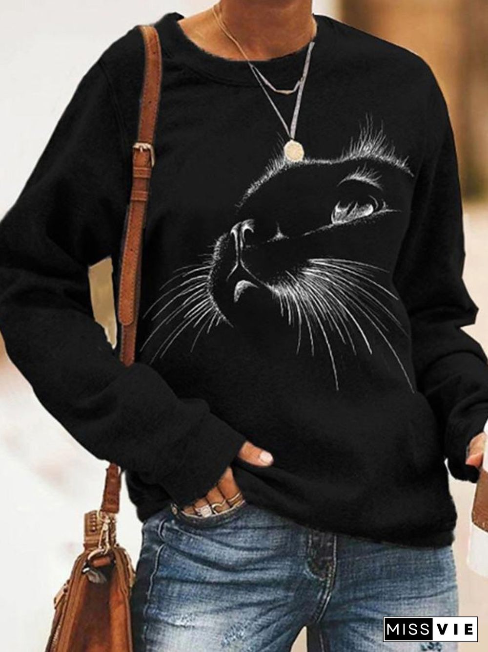 Women'S T-Shirts Casual Cat Print Long Sleeve T-Shirt