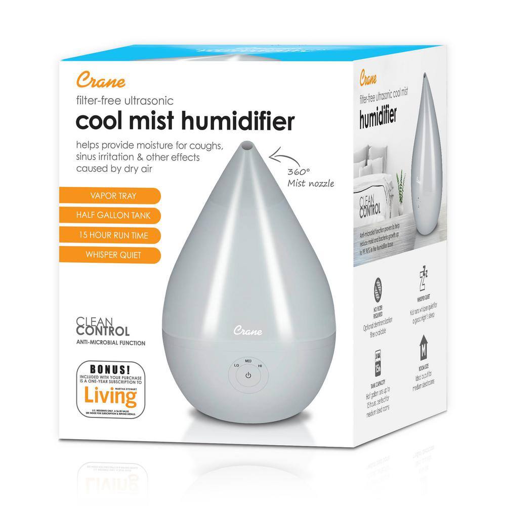 Crane 0.5 Gal. Droplet Ultrasonic Cool Mist Humidifier for Small to Medium Rooms up to 250 sq. ft. - Grey EE-5302GR