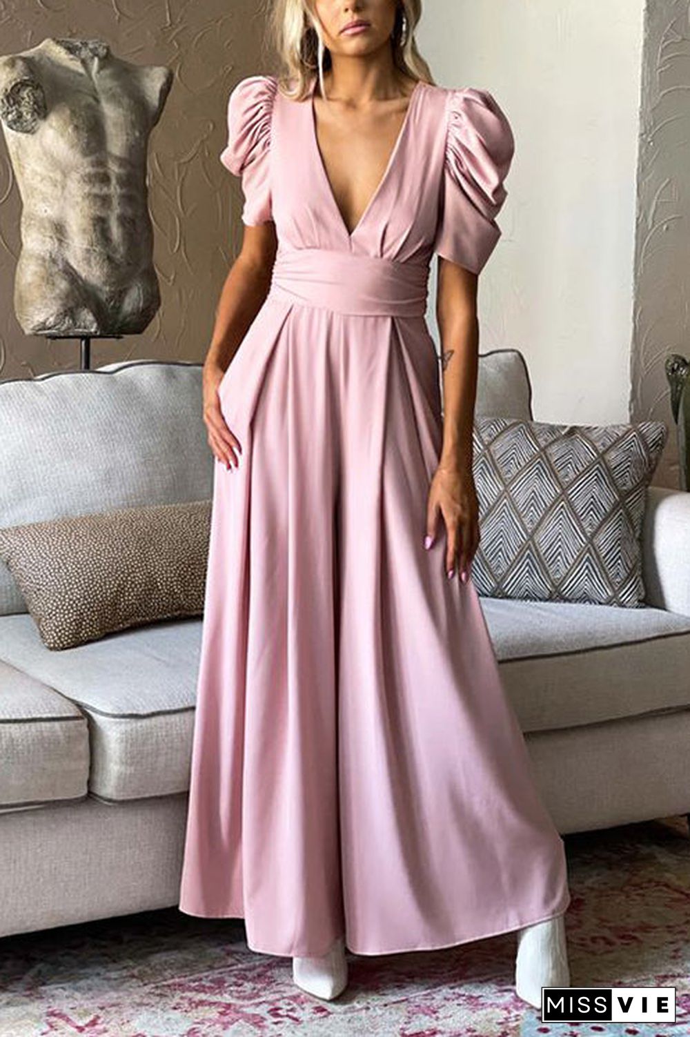 V Neck Puff Sleeve Belted Jumpsuit