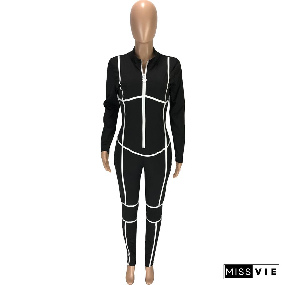 White Line Splicing Long Sleeve Zipper Skinny Jumpsuit