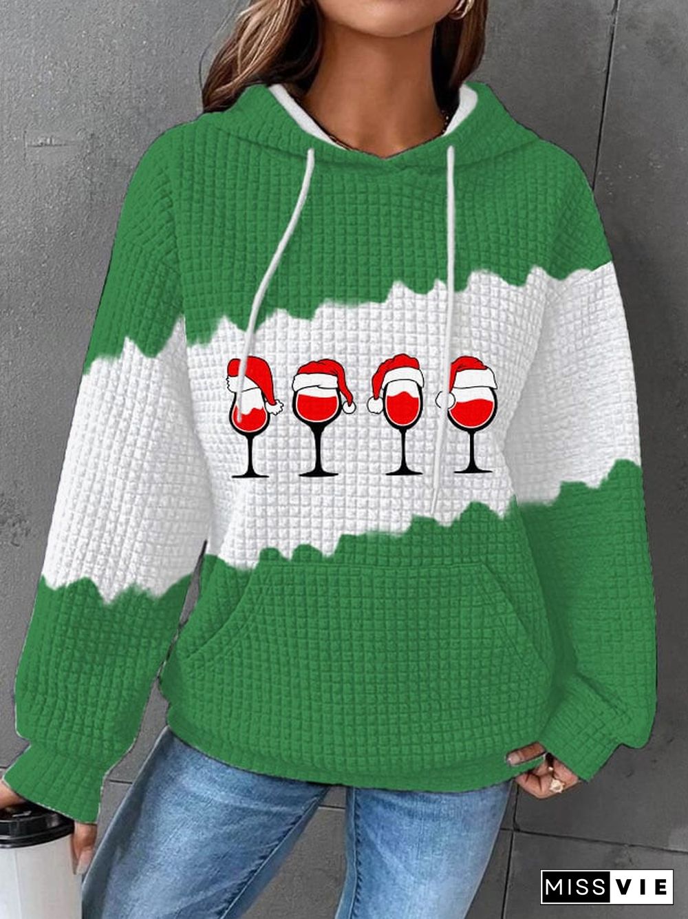 Women's Christmas Wine Glass Print Waffle Hoodie