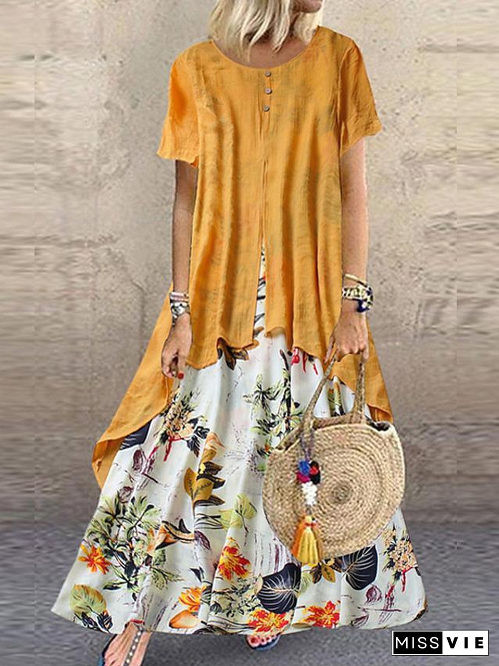 Women's Maxi long Dress - Short Sleeve Floral Layered Button Print Summer Plus Size Hot Casual Holiday vacation dresses Loose  Purple Yellow Pink Orange Green M L XL XXL 3XL 4XL 5XL