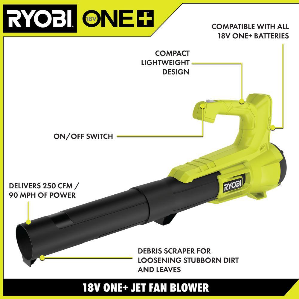 RYOBI ONE+ 18V 90 MPH 250 CFM Cordless Battery Leaf Blower with 4.0 Ah Battery and Charger P21110