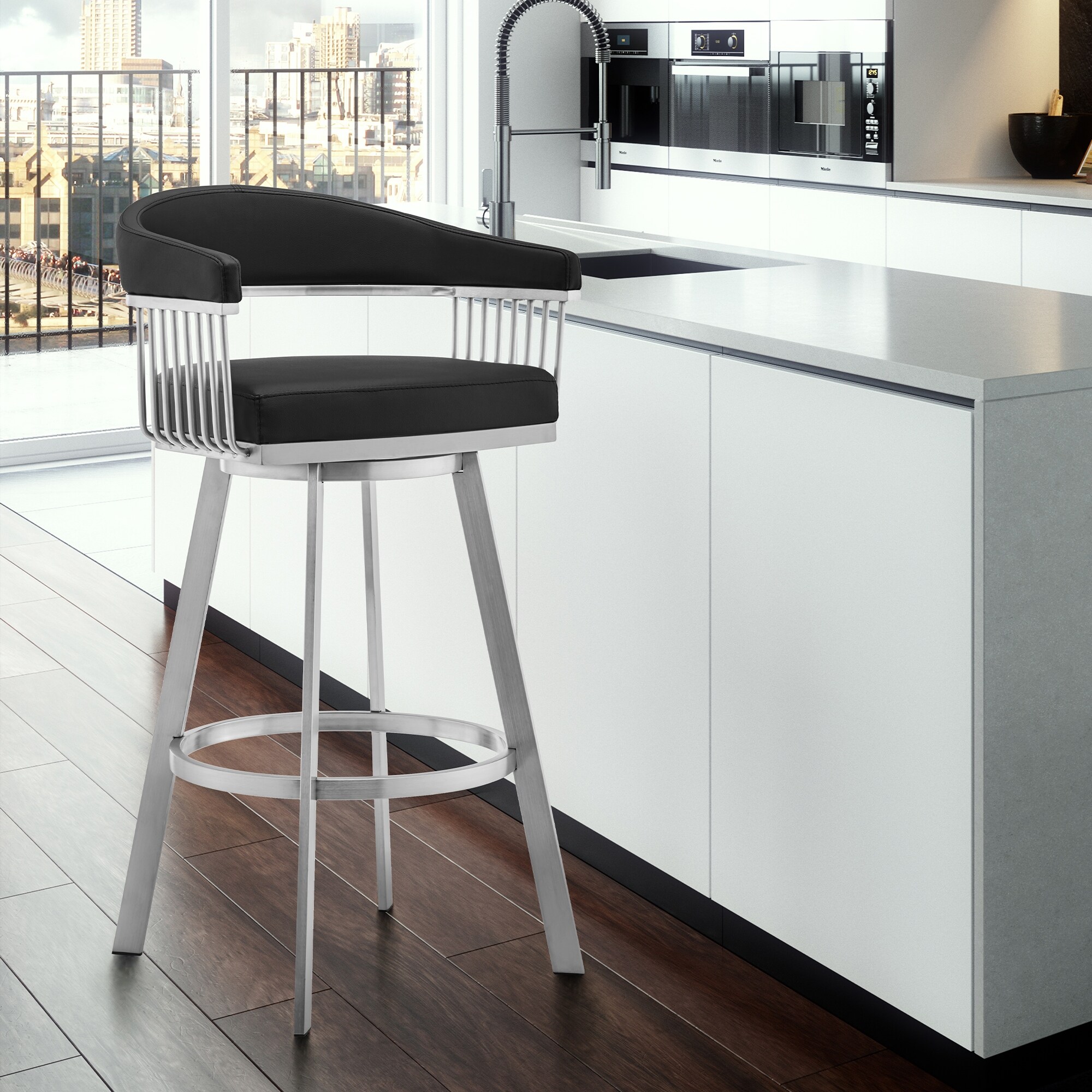 Chelsea Counter or Bar Stool in Faux Leather and Brushed Stainless Steel