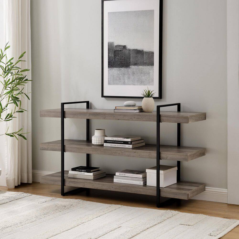 Welwick Designs 60 in. Grey WashBlack Wood and Metal Modern 3-Shelf Low Open Bookcase (34 in. H) HD9495