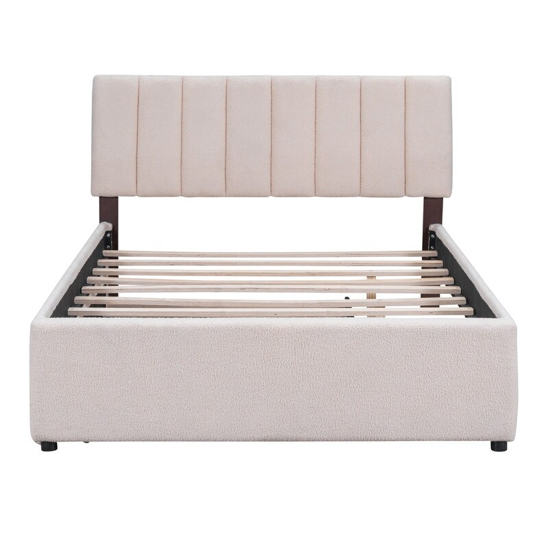 Teddy Fleece Full/Queen Size Upholstered Platform Bed with Trundle  Smart LED Bed Frame with Headboard and Wooden Slats Support