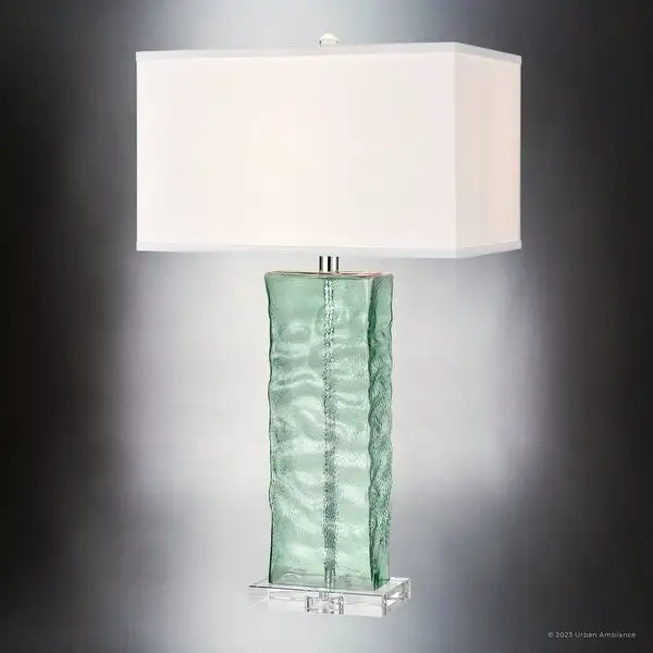 Luxury Contemporary Table Lamp， 17''W x 10.5''D x 30''H， with Modern-Farmhouse Elements， Clear Light Blue Finish and Linen Shade