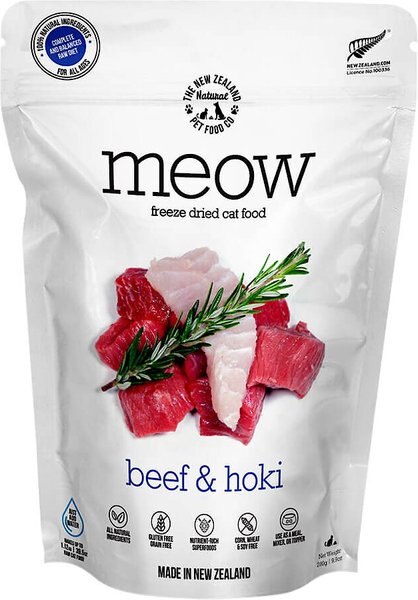 The New Zealand Natural Pet Food Co. Meow Beef and Hoki Grain-Free Freeze-Dried Cat Food， 9-oz bag