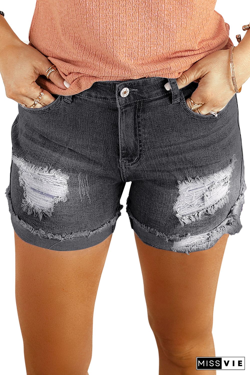 Distressed Ripped Rolled Hem Black Denim Shorts