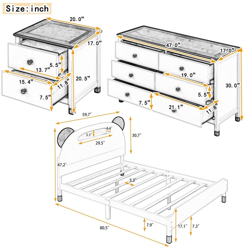 3Pcs Full Size Bedroom Sets with Platform Bed  Nightstand and 6 Drawer Dresser