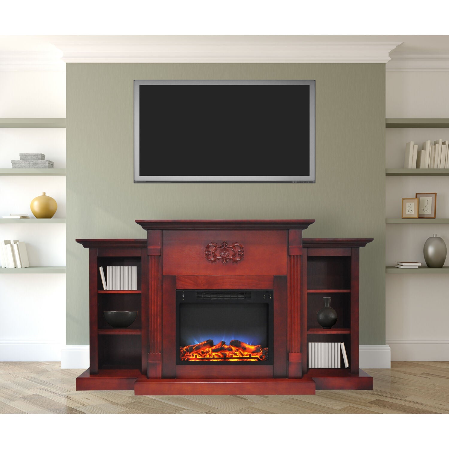 Cambridge Sanoma 72'' Electric Multi-Color LED Fireplace with Charred Log Insert | For Rooms up to 210 Sq.Ft | Remote | Cherry Mantel | Adjustable Heat Settings | Storage | Timer