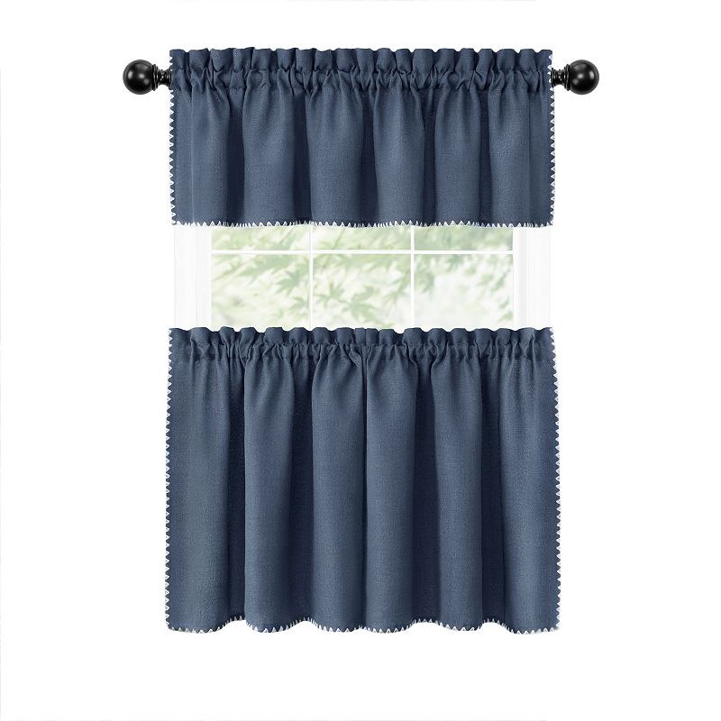 Kate Aurora Coastal Hamptons Living Complete 3 Piece Textured Kitchen Curtain Tier and Valance Set