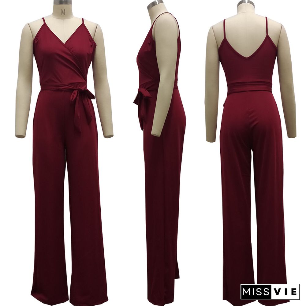 Women Elegant Summer Deep V Neck Sleeveless Solid Color Wide Leg Spaghetti Strap Bandage Jumpsuit