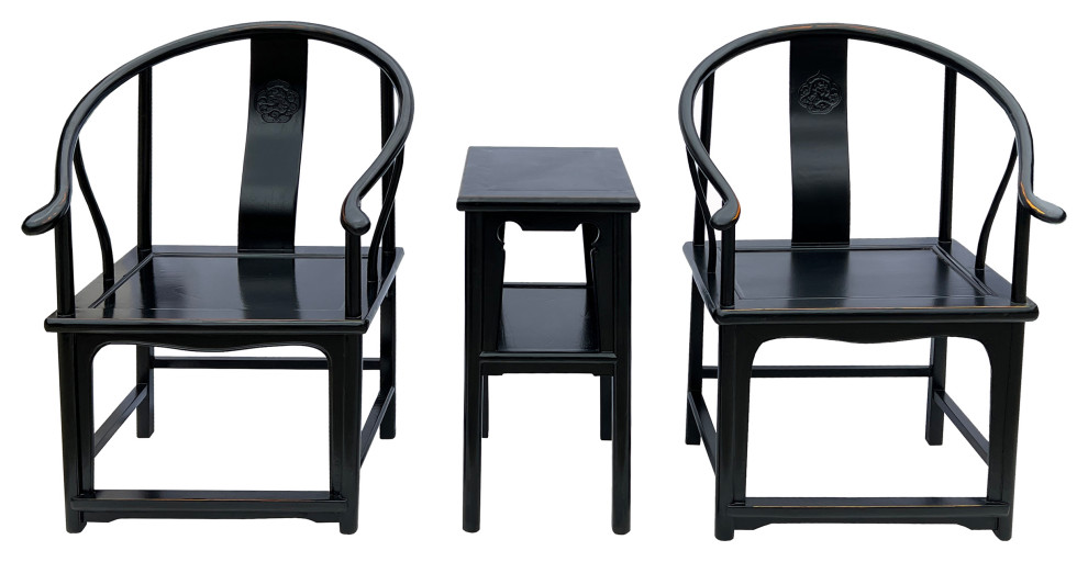 Chinese Distressed Black Lacquer Horseshoe Back Armchair Table 3 Pcs Set Hcs7660   Asian   Living Room Furniture Sets   by Golden Lotus Antiques  Houzz