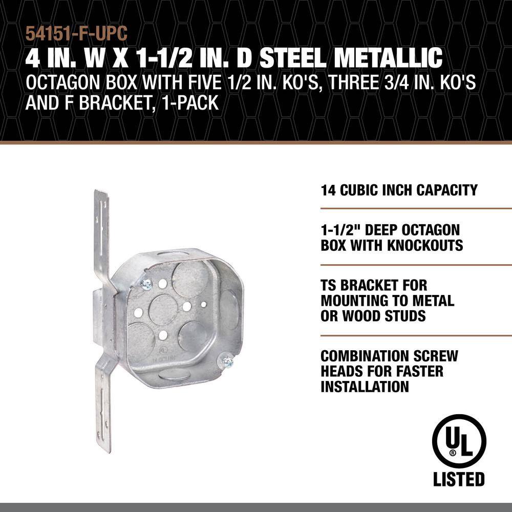 Southwire 4 in. W x 1-12 in. D Steel Metallic Octagon Box with Five 12 in. KO's Three 34 in. KO's and F Bracket 1-Pack 54151-F-UPC