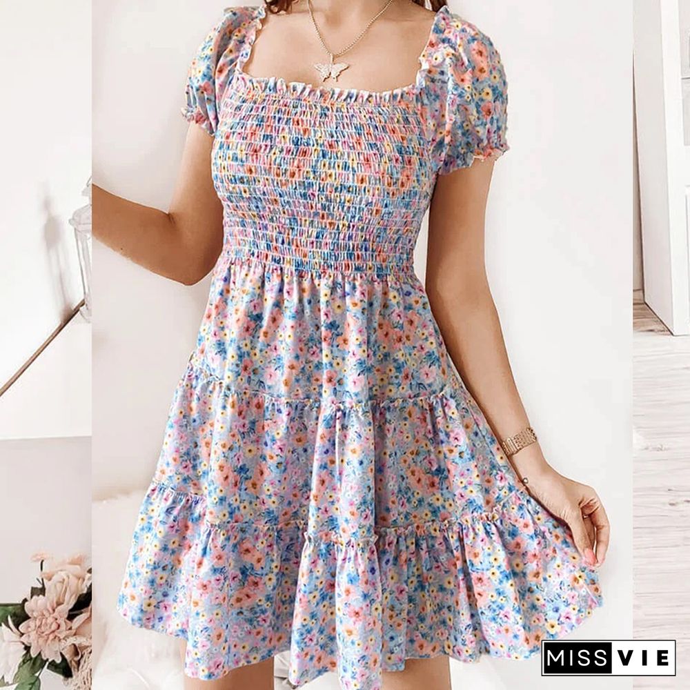 New Mini Dress Summer Beach Fashion Dress Women Short Puff Square Collar Folds Flower Print Ruched Sexy Vacation Party Sundress