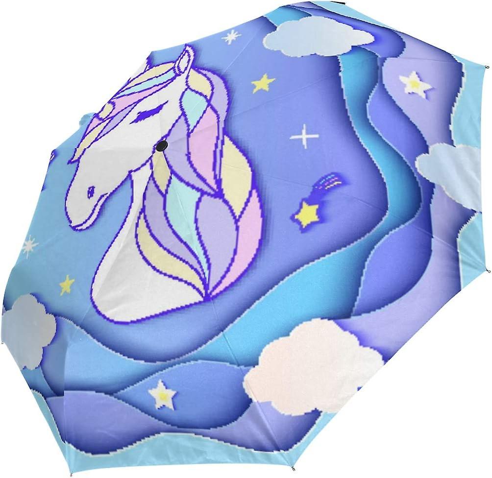 Travel Umbrella Automatic Windproof Foldable Umbrella Head Of Unicorn Clouds And Stars