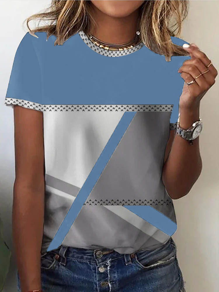 Round Neck Casual Loose Geometric Print Short-sleeved T-shirt