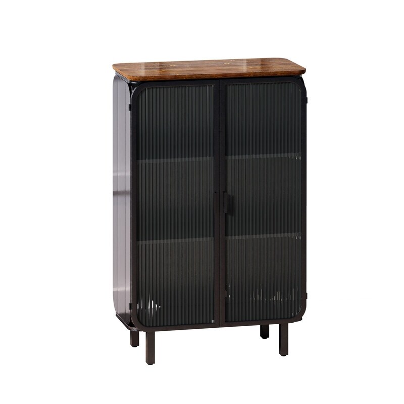 Glass Two door Cabinet with Featuring Three tier Storage