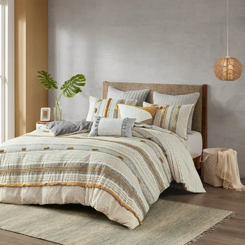 Gray and Yellow Striped Queen Cody 3 Piece Bedding Collection