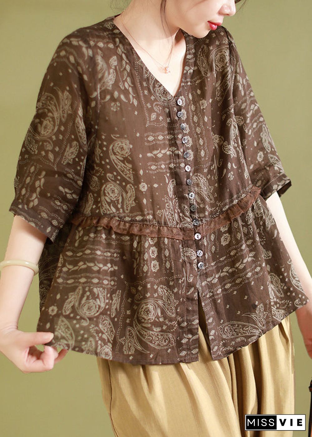 Chic Coffee Print Ruffled Patchwork Linen Shirts Summer