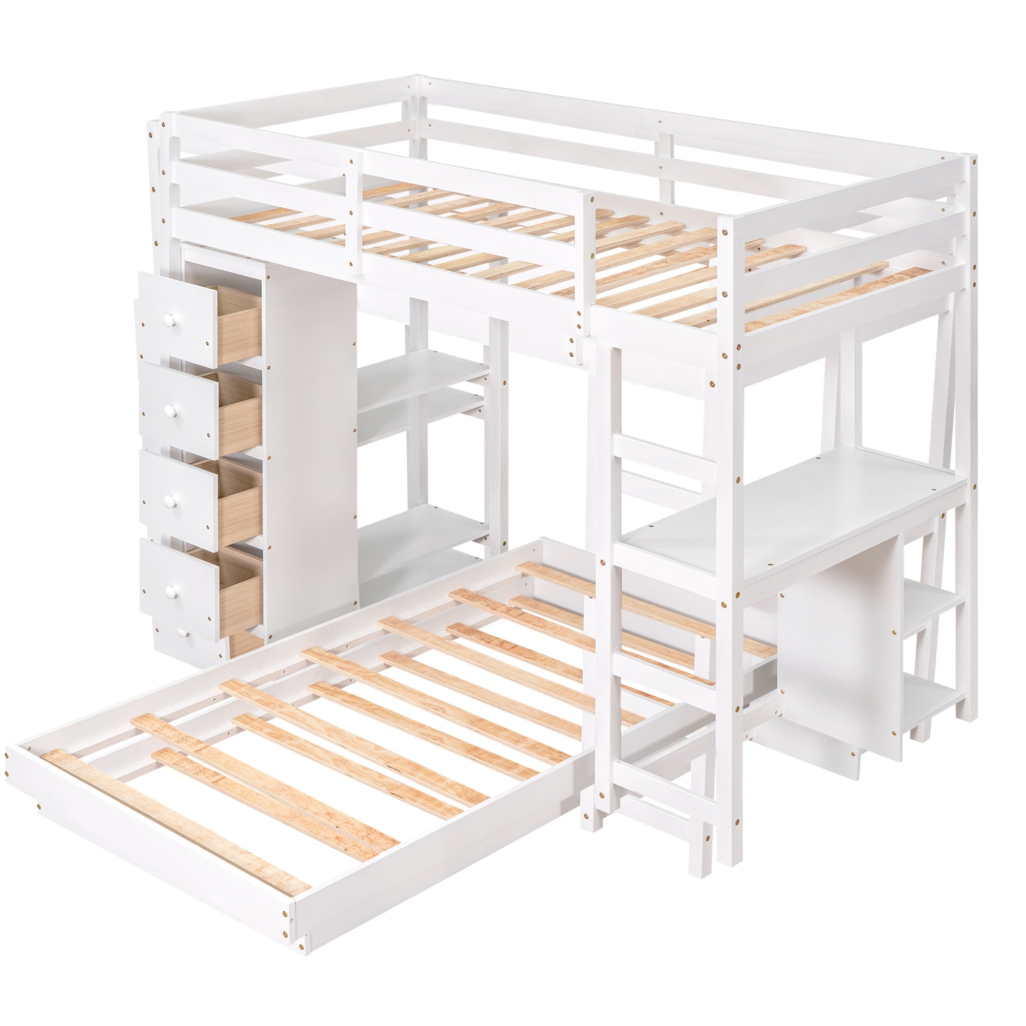 Euroco Twin over Twin Loft Bed with Drawers for Kids, White