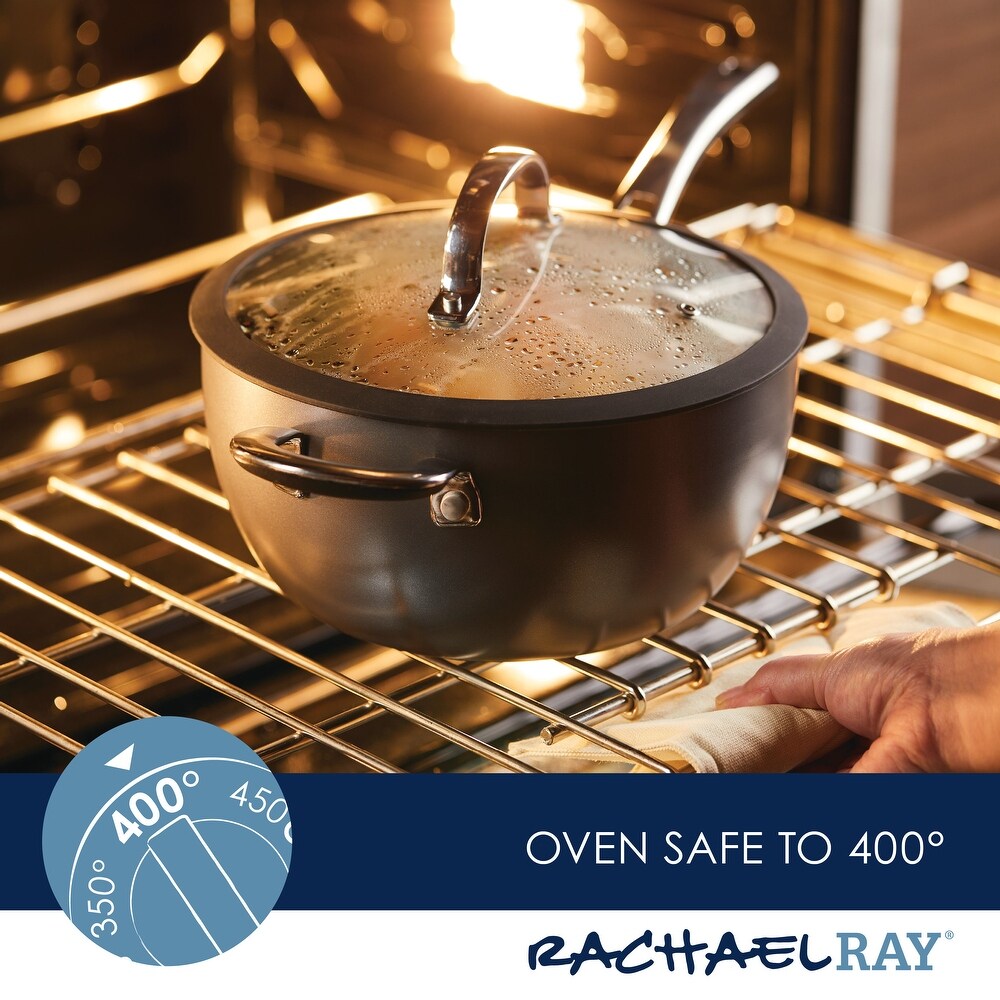 Rachael Ray Cook + Create Hard Anodized Nonstick Saucier Sauce Pan with Lid and Helper Handle  4.5 Quart  Black