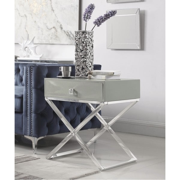 Chic Home Rochester Laquer-finished Stainless Steel/Faux-wood Nightstand Side Table