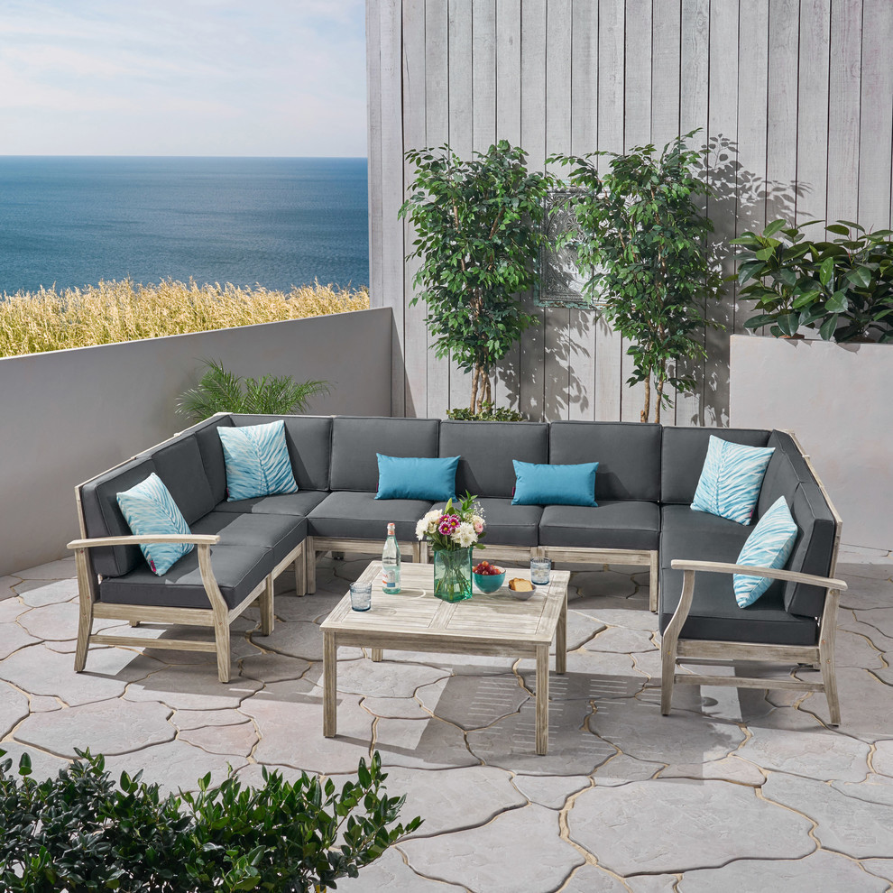 Judith Outdoor 10 Piece Acacia Wood Sofa Sectional Set  Light Gray and Dark Gray   Farmhouse   Outdoor Lounge Sets   by GDFStudio  Houzz