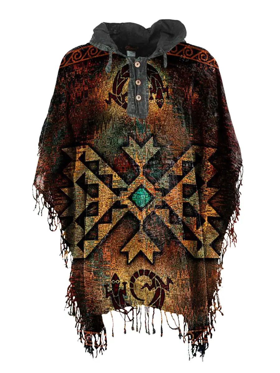 Nostalgic Tassel National Totem Printed Hooded Cloak